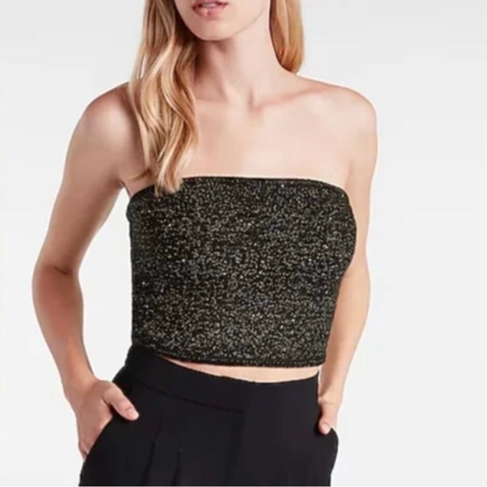 Express Strapless Sparkle Crop Top in Black